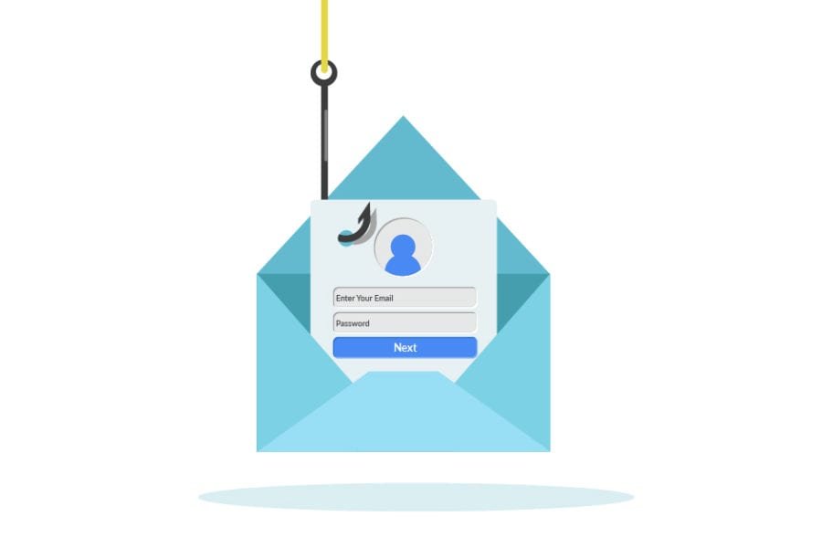 phishing graphic with fish hook hooked into someones personal details coming out of an envelope