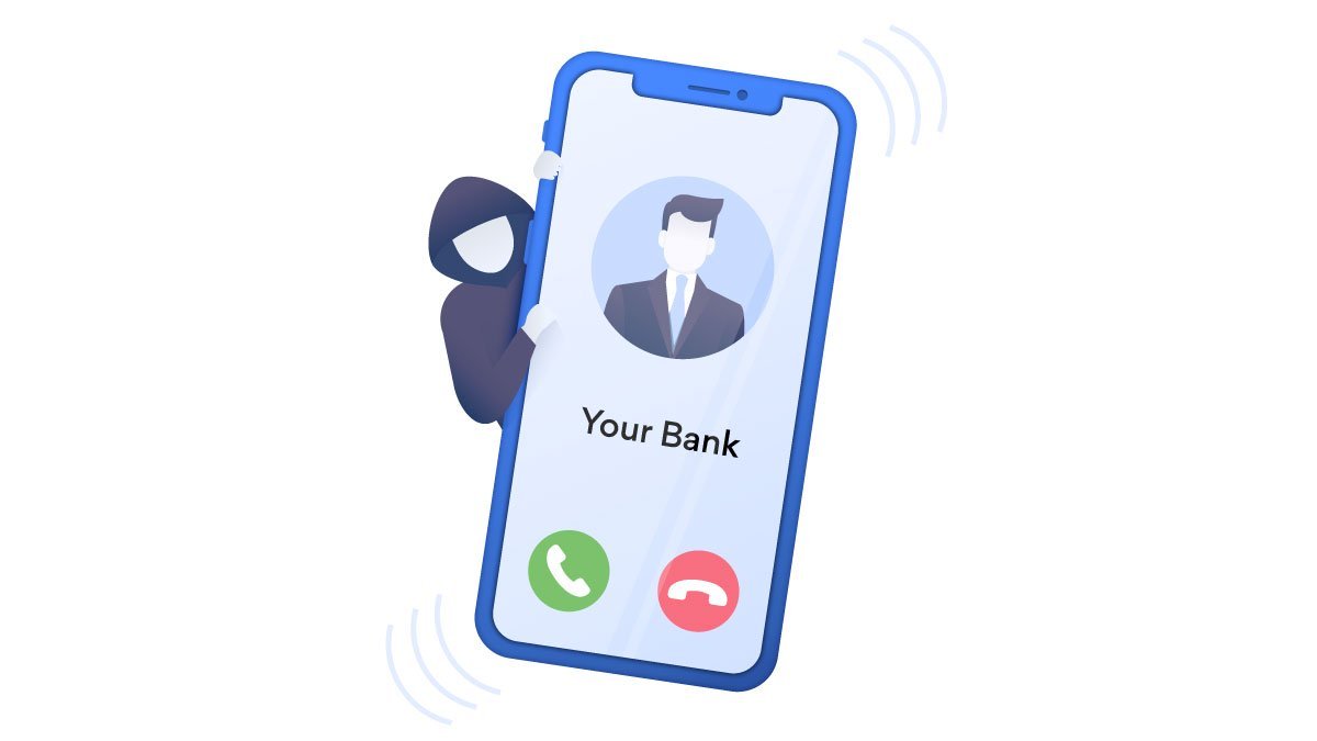 vishing graphic with a shady individual wearing a hood hiding behind your phone screen